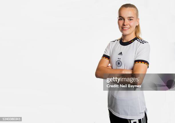 Svea Stoldt of the German National U17 Girls Soccer Team poses during a portrait photoshoot on April 28, 2022 at the Hyatt Place Frankfurt Airport...