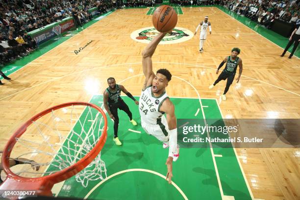 Giannis Antetokounmpo of the Milwaukee Bucks drives to the basket during Game 1 of the 2022 NBA Playoffs Eastern Conference Semifinals against the...