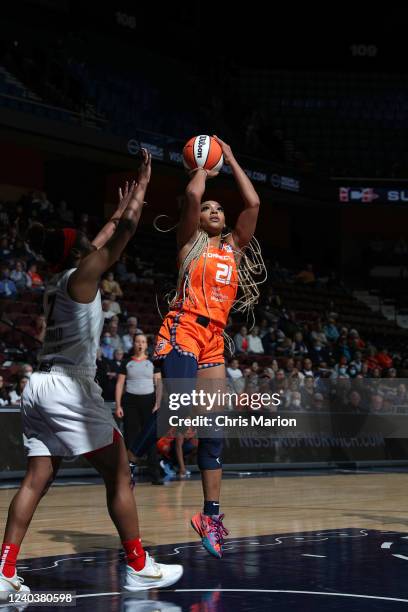 DiJonai Carrington of the Connecticut Sun shoots the ball during the preseason game against the Atlanta Dream on May 1, 2022 at the Mohegan Sun Arena...