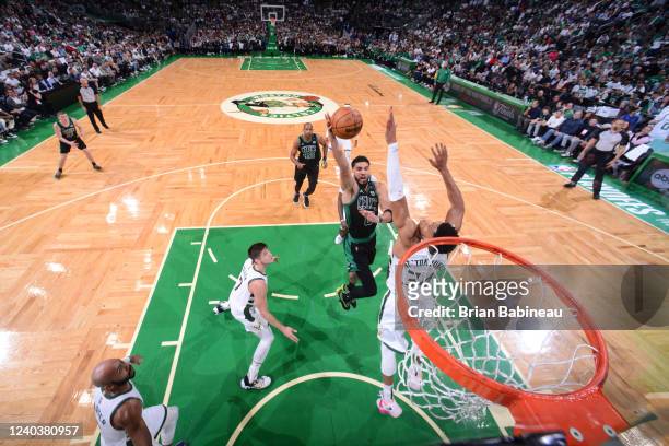 Jayson Tatum of the Boston Celtics shoots the ball during the game against the Milwaukee Bucks during Game One of the 2022 NBA Playoffs Eastern...