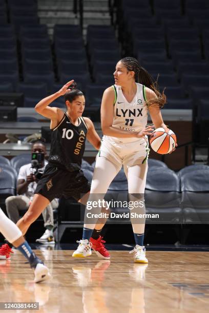 Natalie Achonwa of the Minnesota Lynx dribbles the ball during the game against the Las Vegas Aces on May 1, 2022 at Target Center in Minneapolis,...