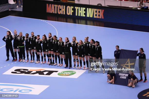 Players of CSM Bucuresti line-up prior the EHF Women´s Champions League Quarter Final First Leg match between CSM Bucuresti and Team Esbjerg at Sala...