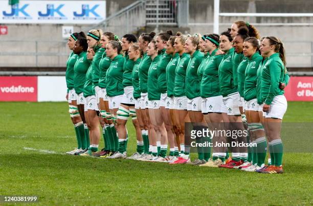 Belfast , United Kingdom - 30 April 2022; The Ireland team stand for the national anthem before the Tik Tok Women's Six Nations Rugby Championship...