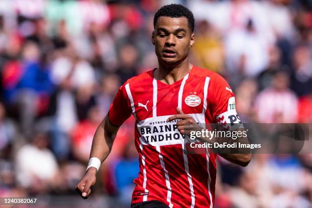 Cody Gakpo of PSV looks on during the Dutch Eredivisie match between PSV Eindhoven and Willem II at Philips Stadion on May 1, 2022 in Eindhoven,...