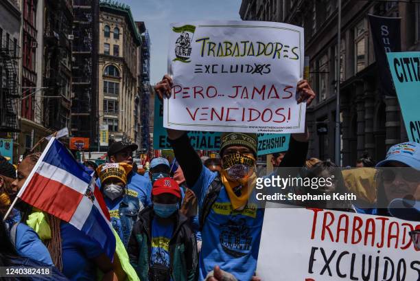 Workers participate in a May Day rally in Manhattan on May 1, 2022 in New York City. Amazon workers recently unionized a facility in Staten Island...