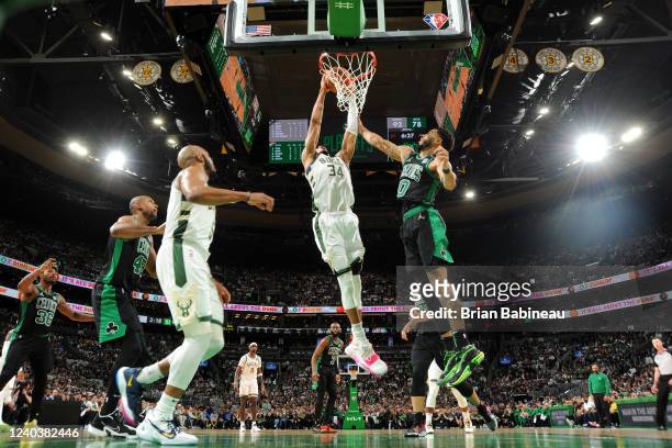 Giannis Antetokounmpo of the Milwaukee Bucks dunks the ball during the game Boston Celtics during Game One of the 2022 NBA Playoffs Eastern...