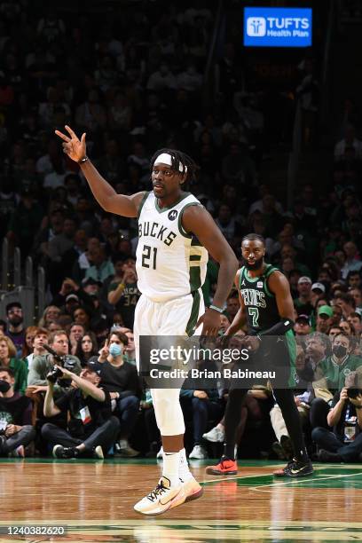 Jrue Holiday of the Milwaukee Bucks reacts to a play during the game against the Boston Celtics during Game One of the 2022 NBA Playoffs Eastern...