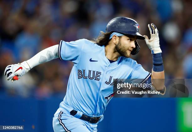 Bo Bichette of the Toronto Blue Jays runs the bases after hitting a 2-run home run in the sixth inning during a MLB game against the Houston Astros...