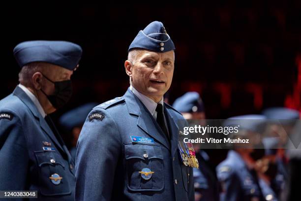 Major General Sylvain Menard of the Canadian Armed Forces pays tribute to the family of Former Montreal Canadiens Guy Lafleur during the wake at Bell...