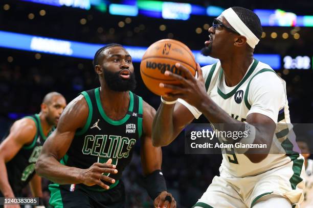Bobby Portis of the Milwaukee Bucks shoots the ball over Jaylen Brown of the Boston Celtics during Game One of the Eastern Conference Semifinals at...