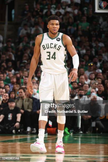 Giannis Antetokounmpo of the Milwaukee Bucks looks on during Game 1 of the 2022 NBA Playoffs Eastern Conference Semifinals against the Boston Celtics...