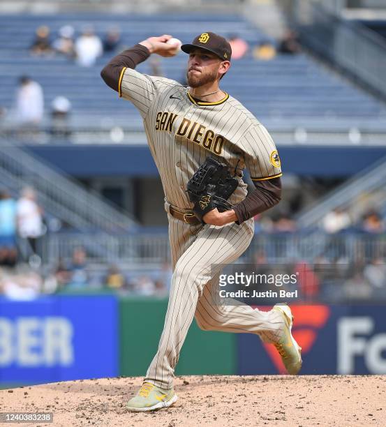 Joe Musgrove of the San Diego Padres delivers a pitch in the third inning during the game against the Pittsburgh Pirates at PNC Park on May 1, 2022...