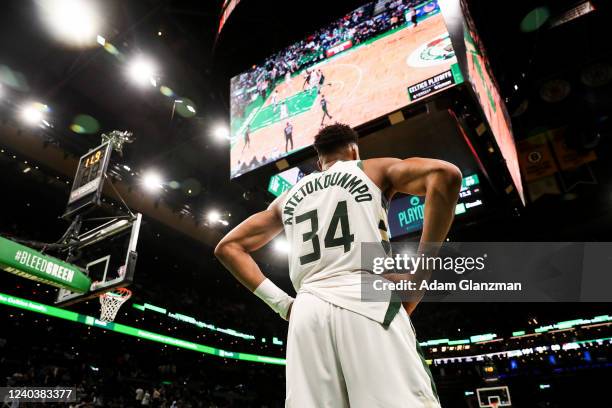 Giannis Antetokounmpo of the Milwaukee Bucks looks soon as the clock winds down during Game One of the Eastern Conference Semifinals against the...