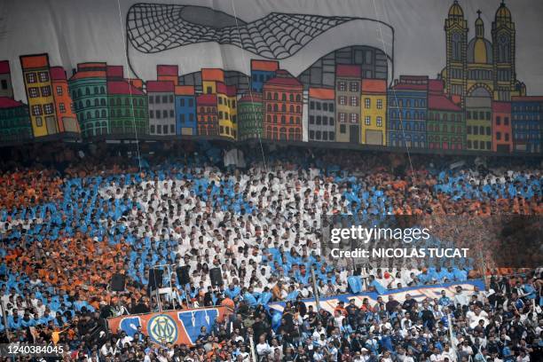 Marseille's fans attend the French L1 football match between Olympique Marseille and Olympique Lyonnais at Stade Velodrome in Marseille, southern...