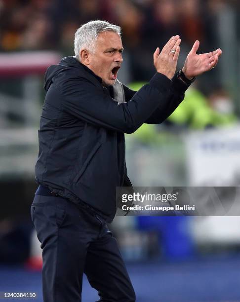 José Mourinho head coach of AS Roma gestures during the Serie A match between AS Roma and Bologna FC at Stadio Olimpico on May 1, 2022 in Rome, Italy.