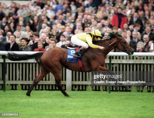 Australian jockey Craig Williams riding Tobougg winning The Dewhurst Stakes at Newmarket Rowley Mile Racecourse, 14th October 2000.