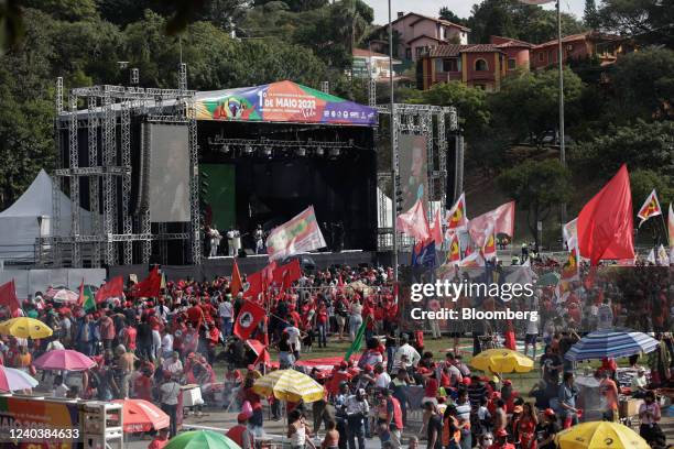 Attendees gather to listen to Luiz Inacio Lula da Silva, Brazil's former president, not pictured, speak during an event organized by workers' unions...