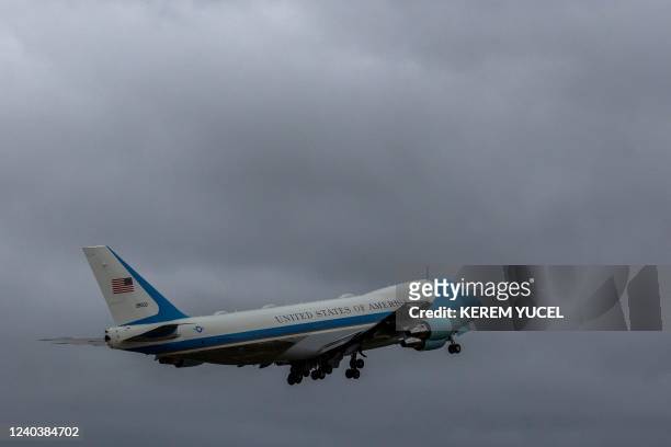 Air Force One, carrying U.S. President Joe Biden, takes off from Minneapolis-Saint Paul International Airport in Minneapolis, Minnesota, on May 1,...