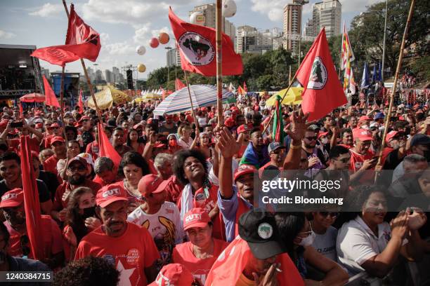 Attendees gather to listen to Luiz Inacio Lula da Silva, Brazil's former president, not pictured, speak during an event organized by workers' unions...