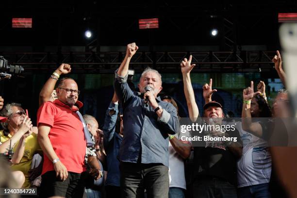 Luiz Inacio Lula da Silva, Brazil's former president, speaks during an event organized by workers' unions on International Workers' Day in Sao Paulo,...