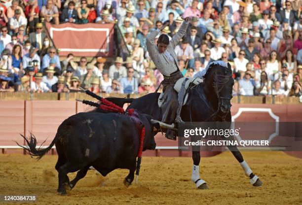 French "rejoneadora" Lea Vicens rides her horse in front of a bull during the Feria de Abril bullfighting festival at La Maestranza bullring in...