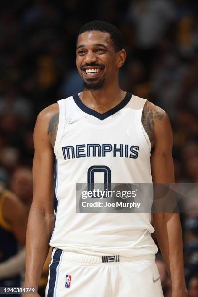 De'Anthony Melton of the Memphis Grizzlies smiles during Game 1 of the 2022 NBA Playoffs Western Conference Semifinals on May 1, 2022 at FedExForum...