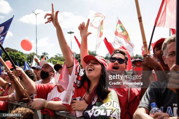 Attendees gather to listen to Luiz Inacio Lula da Silva, Brazil's former president, not pictured, speak during an event organized by workers' unions...