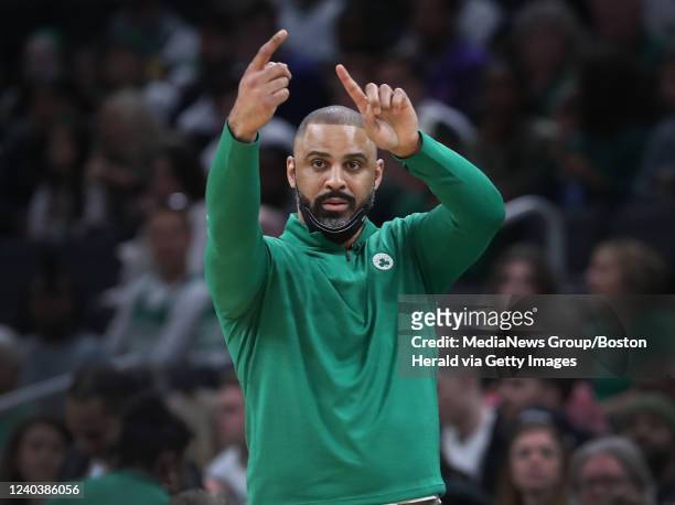 Boston Celtics head coach Ime Udoka signals instructions during the 4th quarter of Game 1 of the second round of the Eastern Conference playoffs...