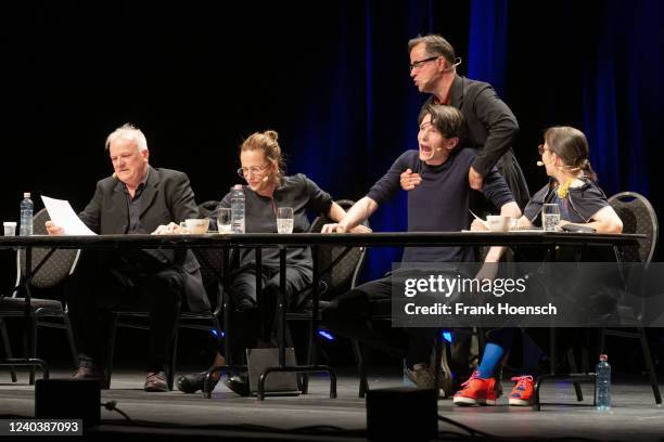 Bernhard Schuetz, Claudia Michelsen, Sabin Tambrea, Jan Josef Liefers and Meret Becker perform live on stage during a reading of 'Die Unmoeglichen'...