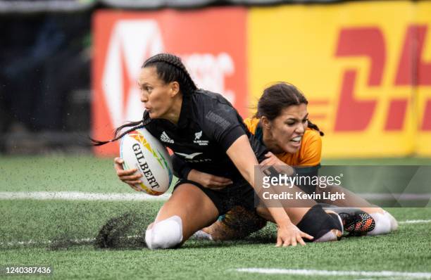 Tyla Nathan-Wong of New Zealand is tackled by Madison Ashby of Australia during a Women's HSBC World Rugby Sevens Series Championship match at...