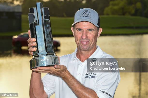 Steven Alker holds the trophy for winning the Insperity Invitational at The Woodlands Country Club on May 1, 2022 in The Woodlands, TX