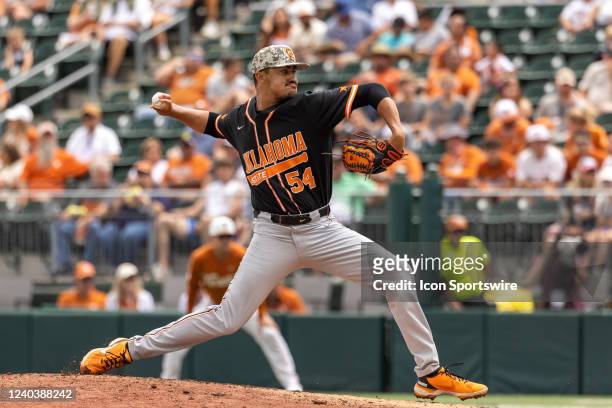 Oklahoma State Cowboys pitcher Trevor Martin pitches a fast ball during the game between Texas Longhorns and Oklahoma State Cowboys on May 1 at UFCU...