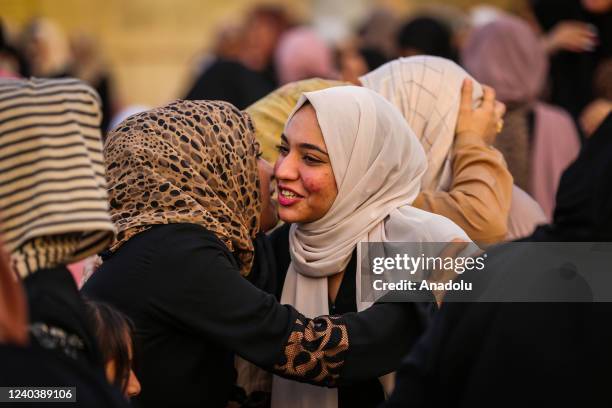 People gather to perform Eid al-Fitr prayer at Abdulkadir Geylani Mosque in Baghdad, Iraq on May 02, 2022.