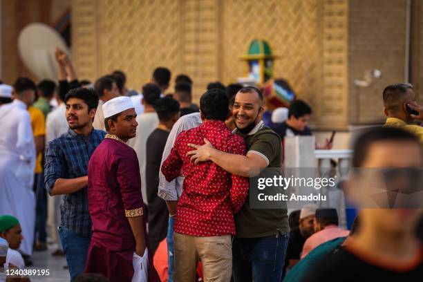 People gather to perform Eid al-Fitr prayer at Abdulkadir Geylani Mosque in Baghdad, Iraq on May 02, 2022.