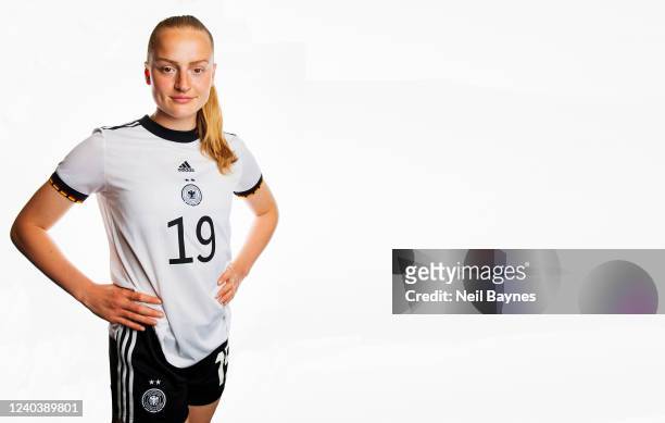 Tessa Blumenberg of the German National U17 Girls Soccer Team poses during a portrait photoshoot on April 28, 2022 at the Hyatt Place Frankfurt...