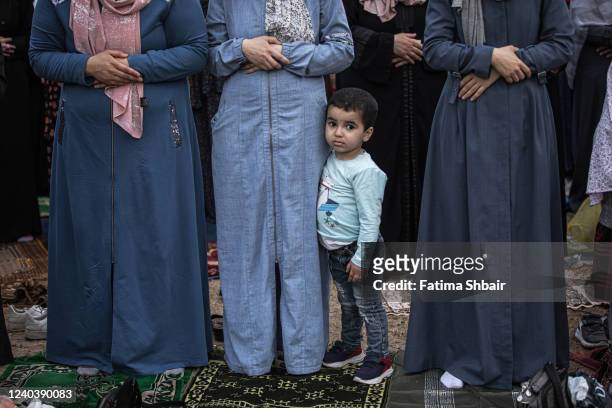 May 02: Palestinian Muslims attend the morning Eid al-Fitr prayer, marking the end of the holy fasting month of Ramadan in Gaza City on May 2, 2022...