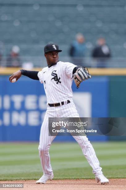 Chicago White Sox shortstop Tim Anderson throws the ball during an MLB game against the Kansas City Royals on April 28, 2022 at Guaranteed Rate Field...