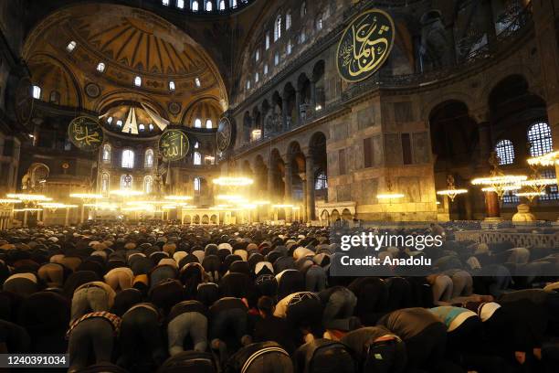 People gather to perform Eid al-Fitr prayer at the Hagia Sophia Grand Mosque in Istanbul, Turkiye on May 02, 2022.