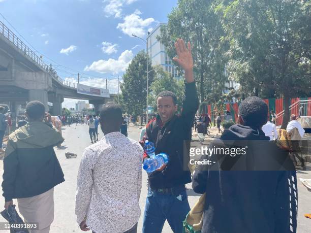 Protestor gestures in Addis Ababa, Ethiopia, on May 02, 2022. - A few attendees of the Eid al-Fitr prayers in Addis Ababa protested a few days after...