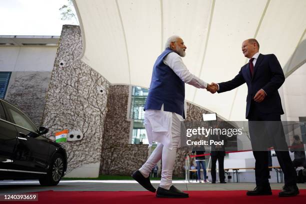 German Chancellor, Olaf Scholz and the Prime Minister of India, Narendra Modi seen at the Federal Chancellery as they meet for government...