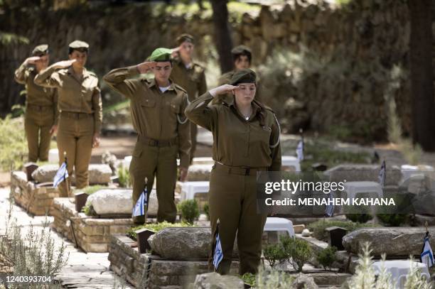 Israeli soldiers pay their respect at the Mount Herzl military cemetery in Jerusalem on May 2 a day ahead of the Yom HaZikaron . - Israel will mark...