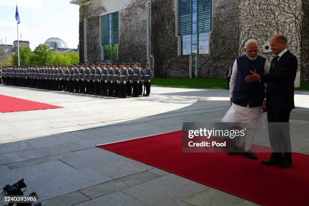 German Chancellor, Olaf Scholz and the Prime Minister of India, Narendra Modi seen at the Federal Chancellery as they meet for government...