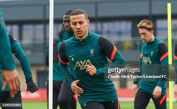 Thiago Alcantara of Liverpool during a training session at AXA Training Centre on May 2, 2022 in Kirkby, England.