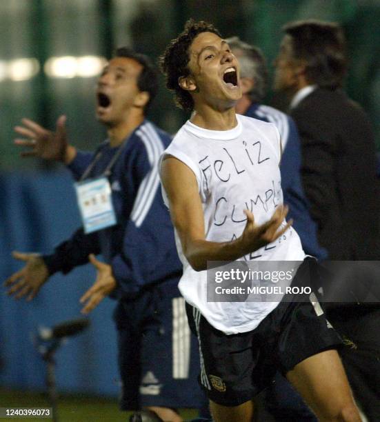 Soccer player Marcelo Carrusa celebrate a goal in Montevideo, Uruguay 23 January 2003. Marcelo Carrusa de Argentina festeja su gol ante Brasil, el 23...