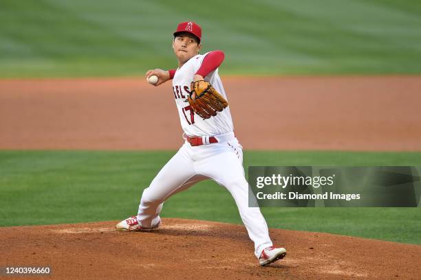 Shohei Ohtani of the Los Angeles Angels throws a pitch during the first inning against the Cleveland Guardians at Angels Stadium on April 27, 2022 in...