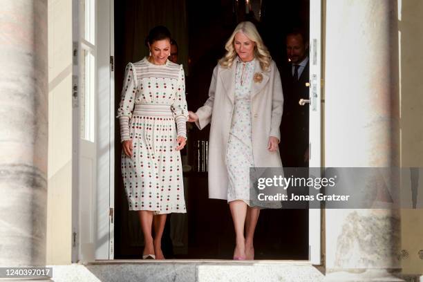 Crown Princess Victoria of Sweden and Mette-Marit, Crown Princess of Norway in the Haga palace on May 2, 2022 in Stockholm, Sweden.