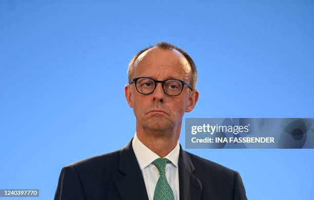 Leader of Germany's conservative Christian Democratic Union party Friedrich Merz looks on during a closed meeting of the conservative sister parties...