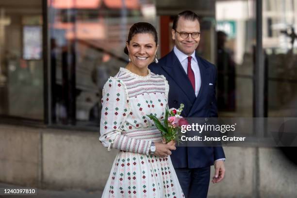Crown Princess Victoria of Sweden and Prince Daniel of Sweden arrive at an event at Kulturhuset on May 02, 2022 in Stockholm, Sweden.