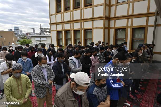 Muslims in Japan perform the morning prayer of Eid al-Fitr, the day after the last day of the holy month of Ramadan, on Monday, May 2 at the mosque...