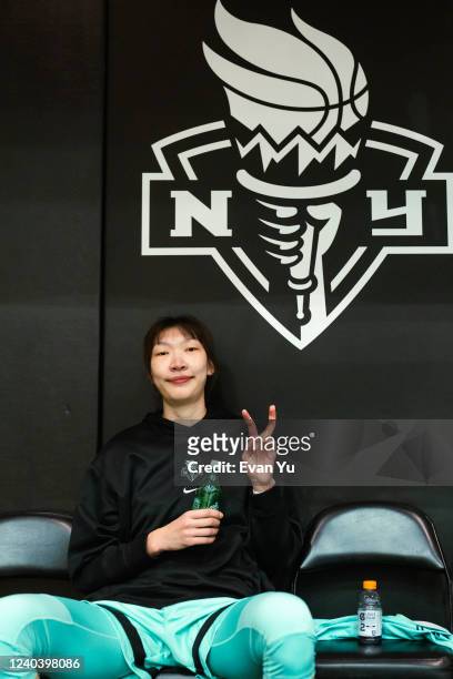 Han Xu of the New York Liberty poses for a photo during practice on April 29, 2022 at the Barclays Center in Brooklyn, New York. NOTE TO USER: User...